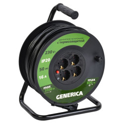 Удлинитель на катушке 4х50м 16А IP20 УК50 2P+PE 3х1.5 термозащита GENERICA WKP20-16-04-50-G